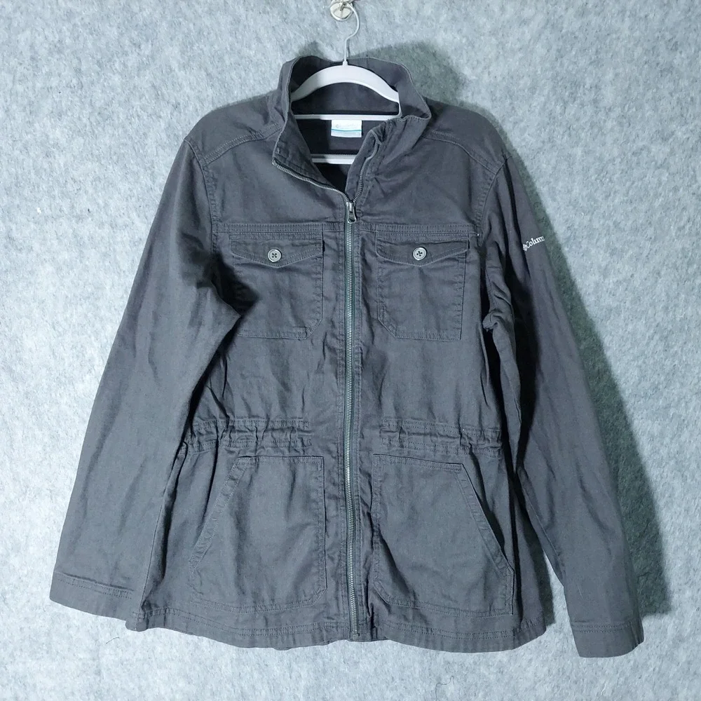 Columbia Women Jacket XL Grey‎ Hemp Cotton Utility Field Cinched Waist Zip Front